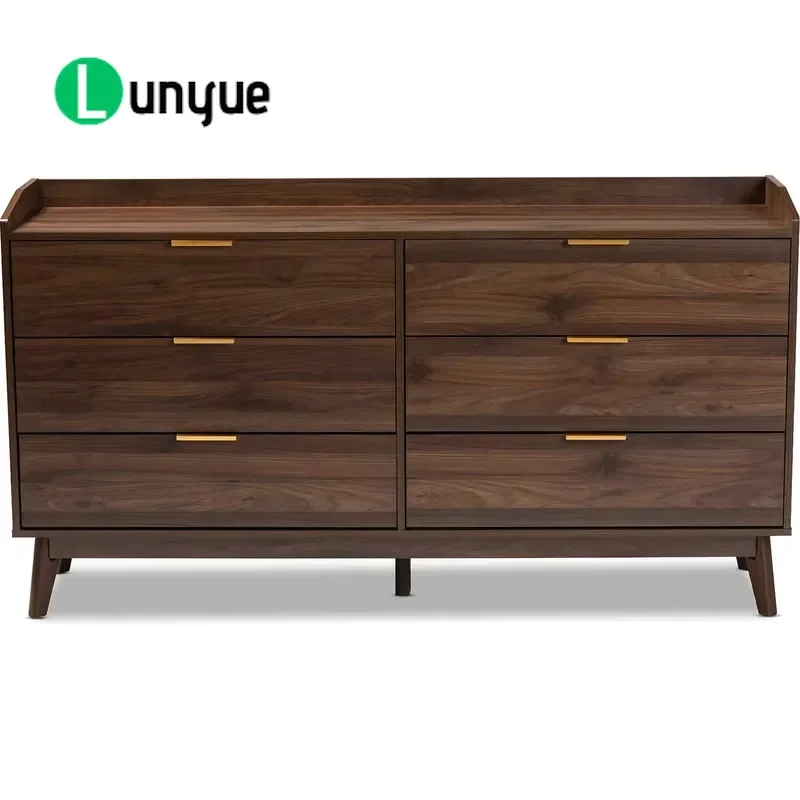 Medieval Modern 6 Drawer Dresser Walnut Wood Chest with Metal Handles Bedroom Storage Furniture Locker Organizer Home Decor