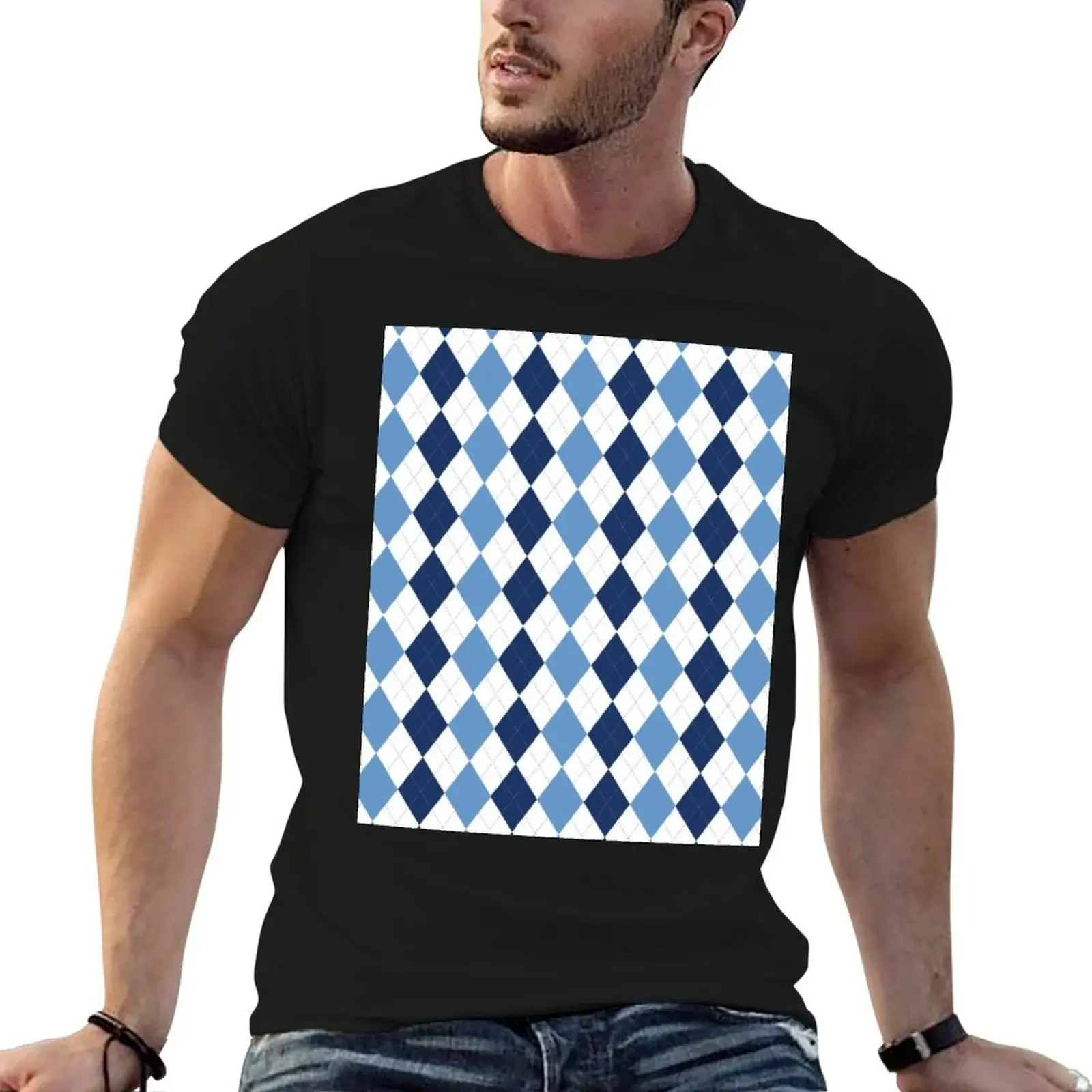 Navy/Carolina Argyle T-Shirt aesthetic clothes baggy shirts anime clothes oversized graphic tee clothes for men