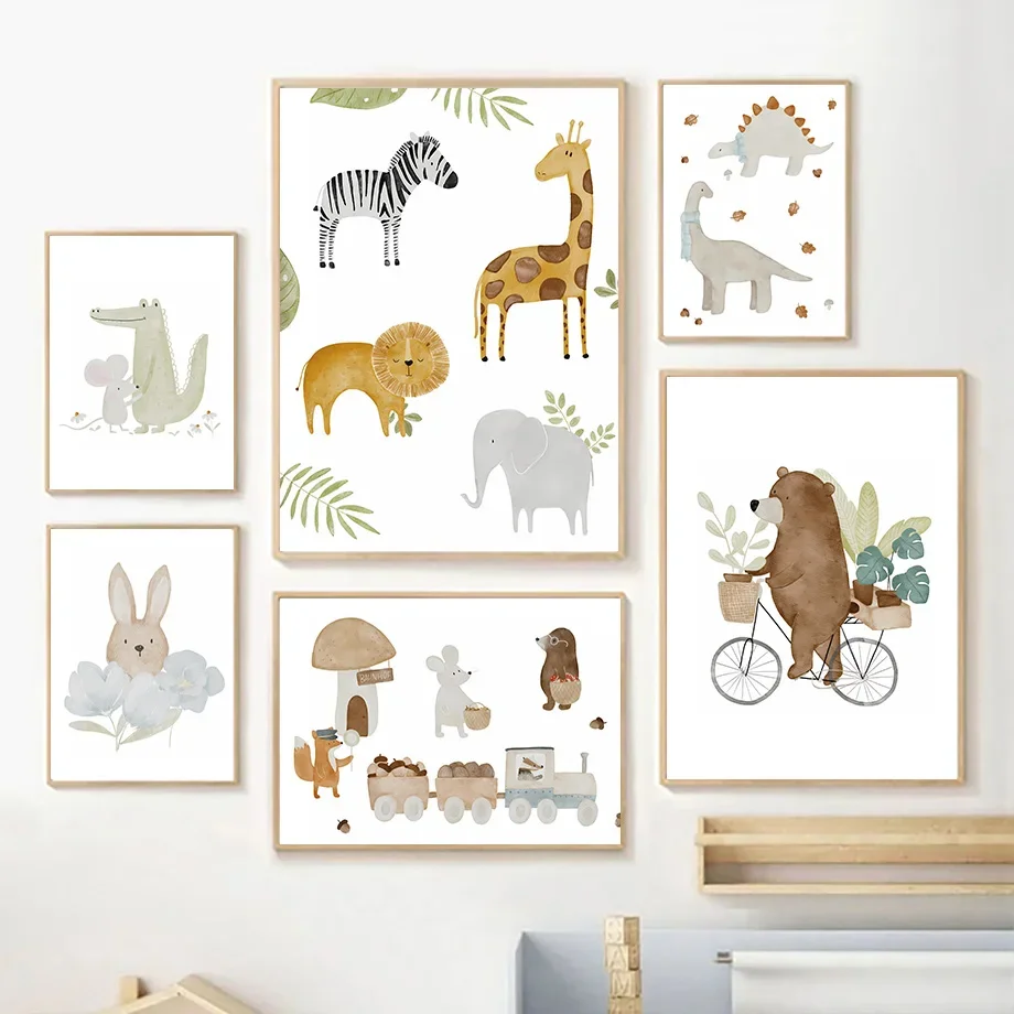 

Cartoon Giraffe Lion Elephant Zebra Bear Rabbit Posters And Print Dinosaur Nursery Wall Art Canvas Painting Baby Kids Room Decor