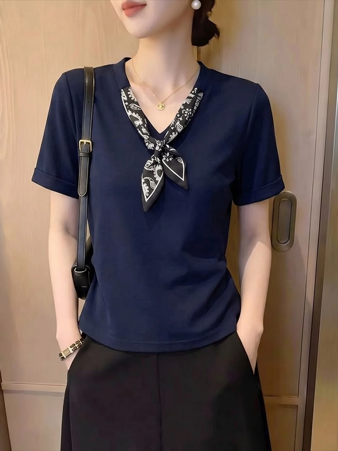 Fashionable Ultra-Aesthetic Pure Cotton Short Sleeve V-Neck T-Shirt Women Summer plus Size Fat MM Elegant Age-Defying Top
