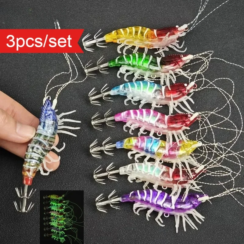 3Pcs Horizontal Egi 3.0# 8cm Glow Squid Lure Simulation Shrimp Jig Bait Saltwater Cuttlefish Fishing Accessories