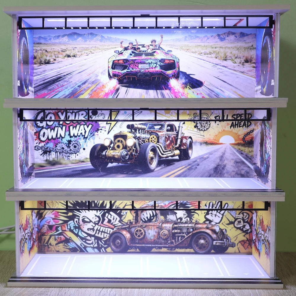 1/64 Scale LED Light Car Garage Diorama Display Model Set Miniature Parking Lot Collectible Gift for Model Enthusiasts