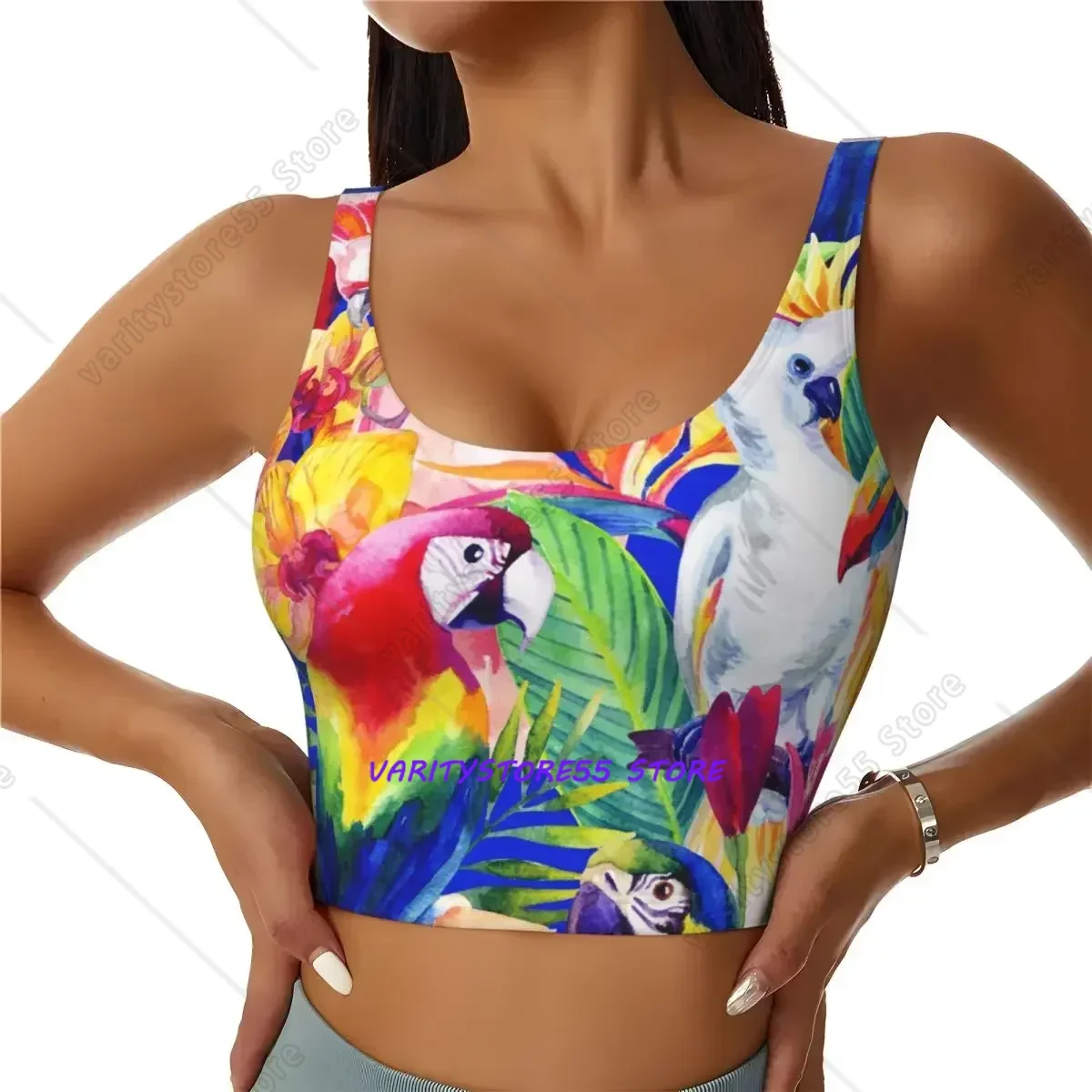 Yoga Vest Women Gym Sports Crop Tops Watercolor Parrots Tropical Flowers Streetwear Workout Breathable Tank Top Female