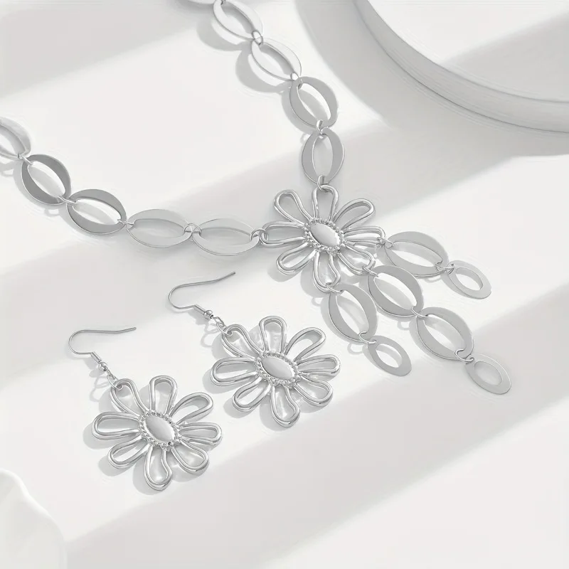 3 قطعة/مجموعة من أقراط قلادة على شكل زهرة بتصميم مجوف شخصي، هدايا مجوهرات للحفلات على الموضة للنساء #5