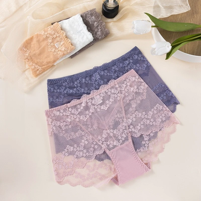 Women\'s Panties Sexy Lace Flower Embroidery Underwear High Waist Breathable Underpants Plus Size Comfort Intimates Lingerie