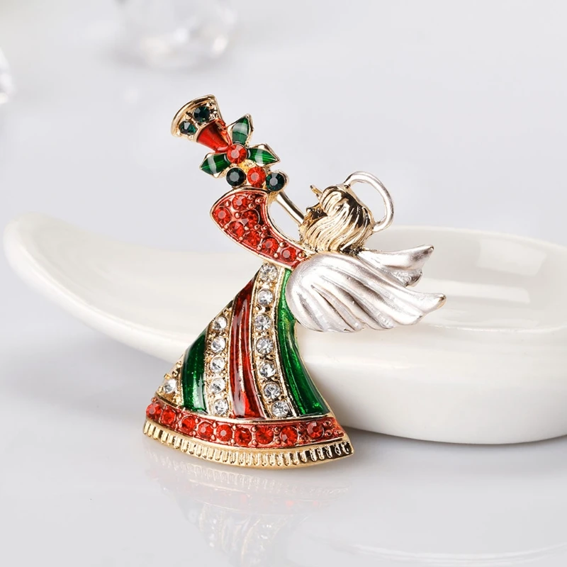 

31BB Santa for Rhinestone Pin Brooch Metal Angel Music Horn Enamel Angel Blowing a Horn Gold Tone for New Year Mother's Day