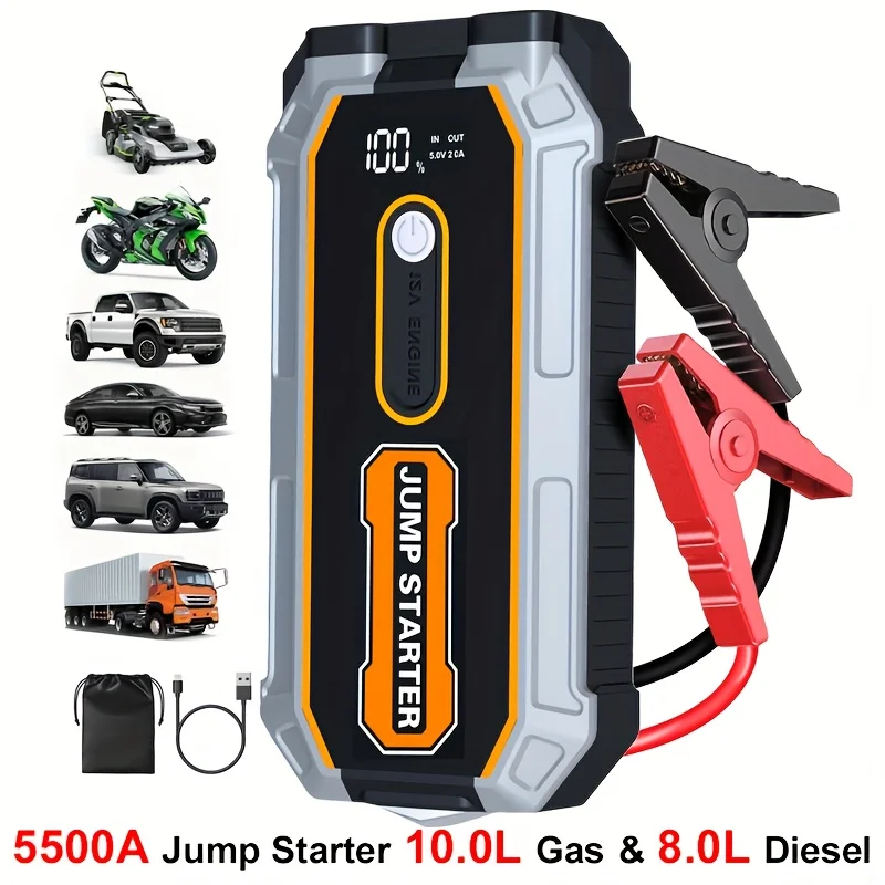 

5500A Peak High-Power Jump Starter - 12V Lithium-Ion Battery Pack for 2.64gal Gasoline/2.11gal Diesel Cars, Includes LED Light & USB Ports, Portable Battery Booster with Emergency Car Safety Hammer