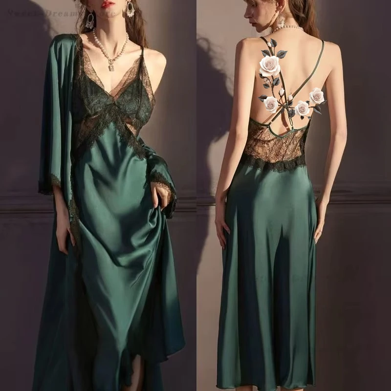 Sexy Women's Sleepwear, Ice Silk with Chest Pad, Long Over-the-knee Lace Back Spaghetti Strap Nightdress, New Silk Home Wear