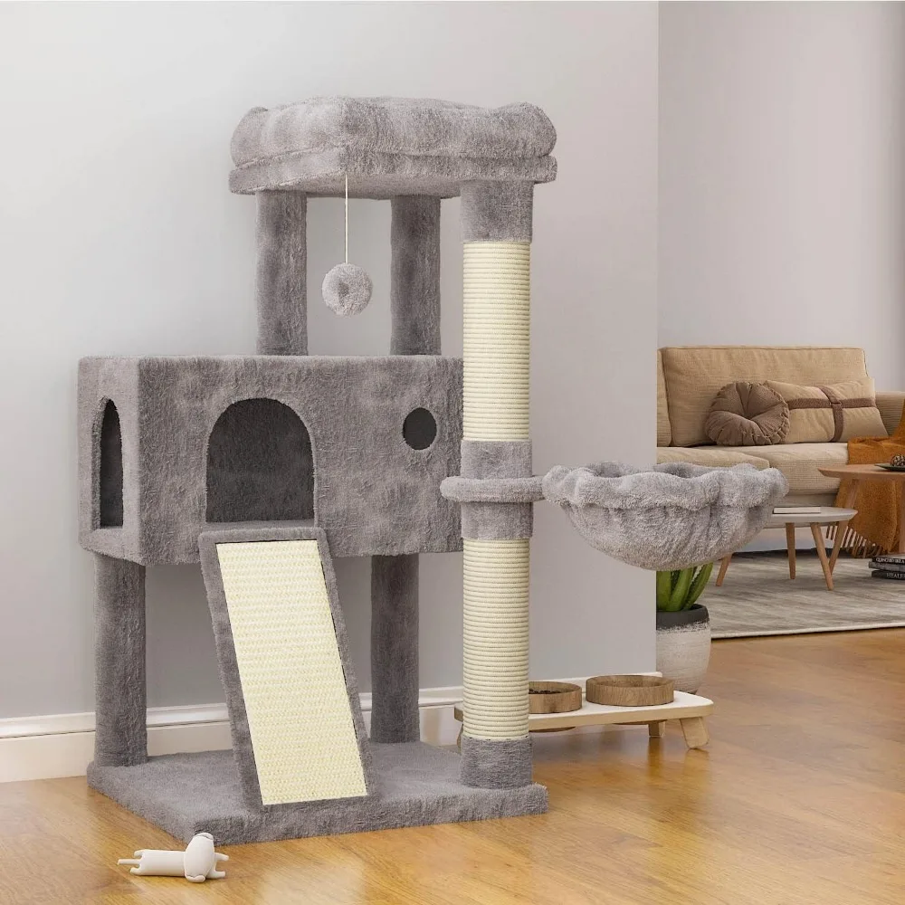 

SHA CERLIN Cat Tree 36 Inches Cat Tower with Hammock, Sisal Scratching Post for Indoor Kittens, Small Room, Grey