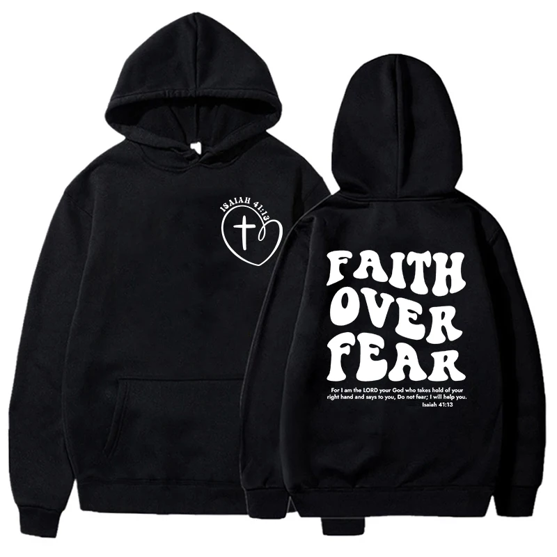 

Christian Hoodie Faith Over Fear Hoodie Religious Hooded Sweatshirt Bible Verse Back Print Hooded Hoodie Christian Woman Tops