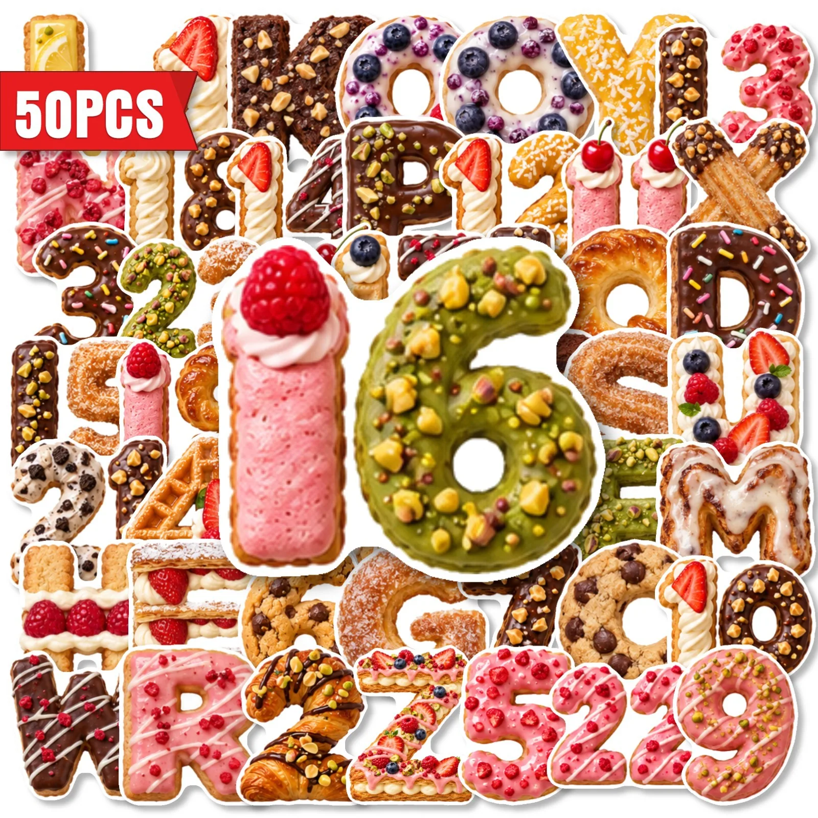 50 PCS Cartoon Dessert Number Alphabet Creative Stickers Pack Fridge Lunch Box Desktop Diary Helmet Waterproof Student Decals