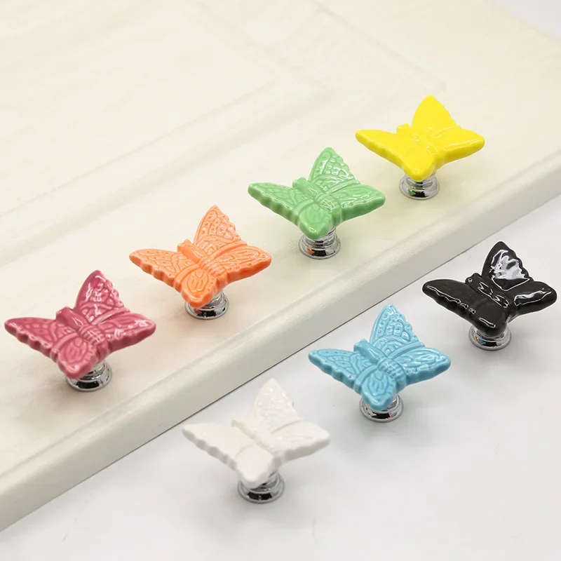 Perforation-free Children\'s Closet Door Cartoon Handle Butterfly Ceramic Handle Single-hole American Drawer Cabinet Handle