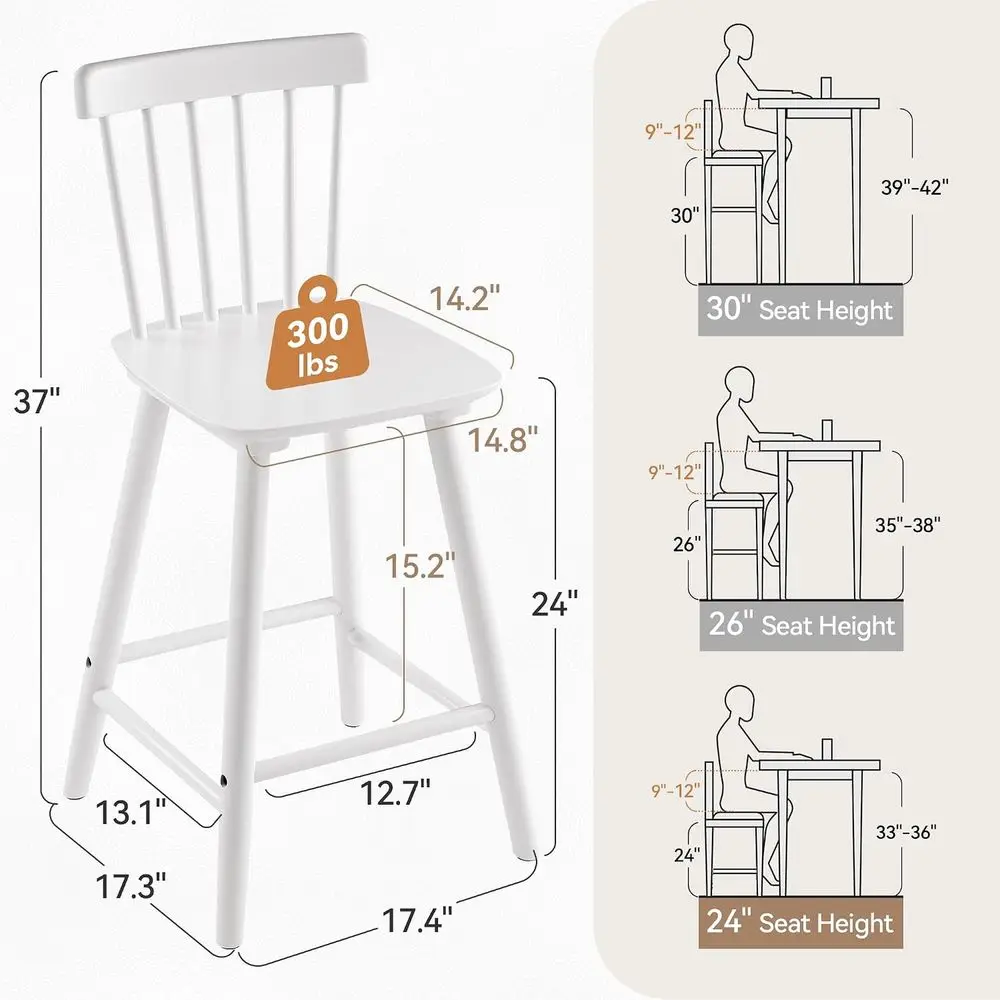 Windsor Wooden Bar Stools Set o 4 or Kitchen Island, armhouse 24 Inch Counter Height Stools Chairs with Spindle Back, White
