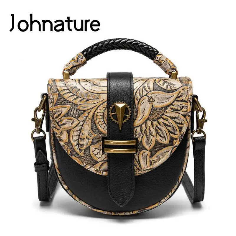 Johnature Retro Mobile Phone Bag 2024 New Genuine Leather Embossed Fashion Versatile Cowhide Small Shoulder & Crossbody Bags