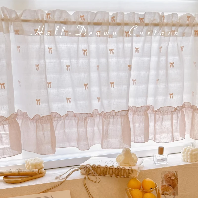 Cream‑Style Pink Skirt Half Curtain Elegant Romantic Atmosphere Lace Sheer Gauze Cute Bow Partition Door for Balcony Decor