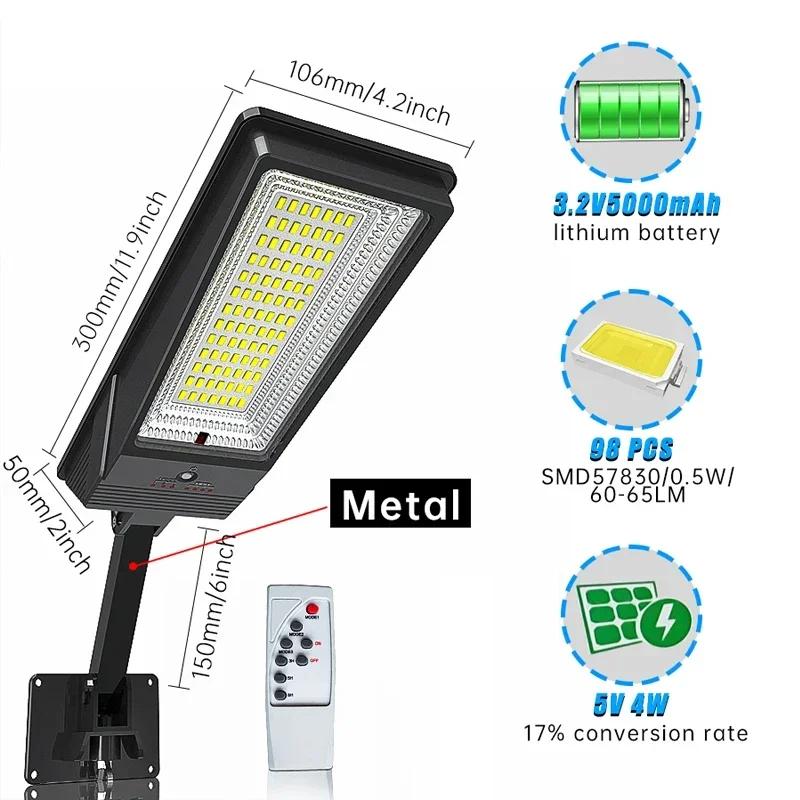 138LED พลังงานแสงอาทิตย์พร้อมรีโมท 3 โหมดการทํางาน Solar Street Light Super Bright สวนกลางแจ้งกันน้ํา Motion Sensor โคมไฟพลังงานแสงอาทิตย์