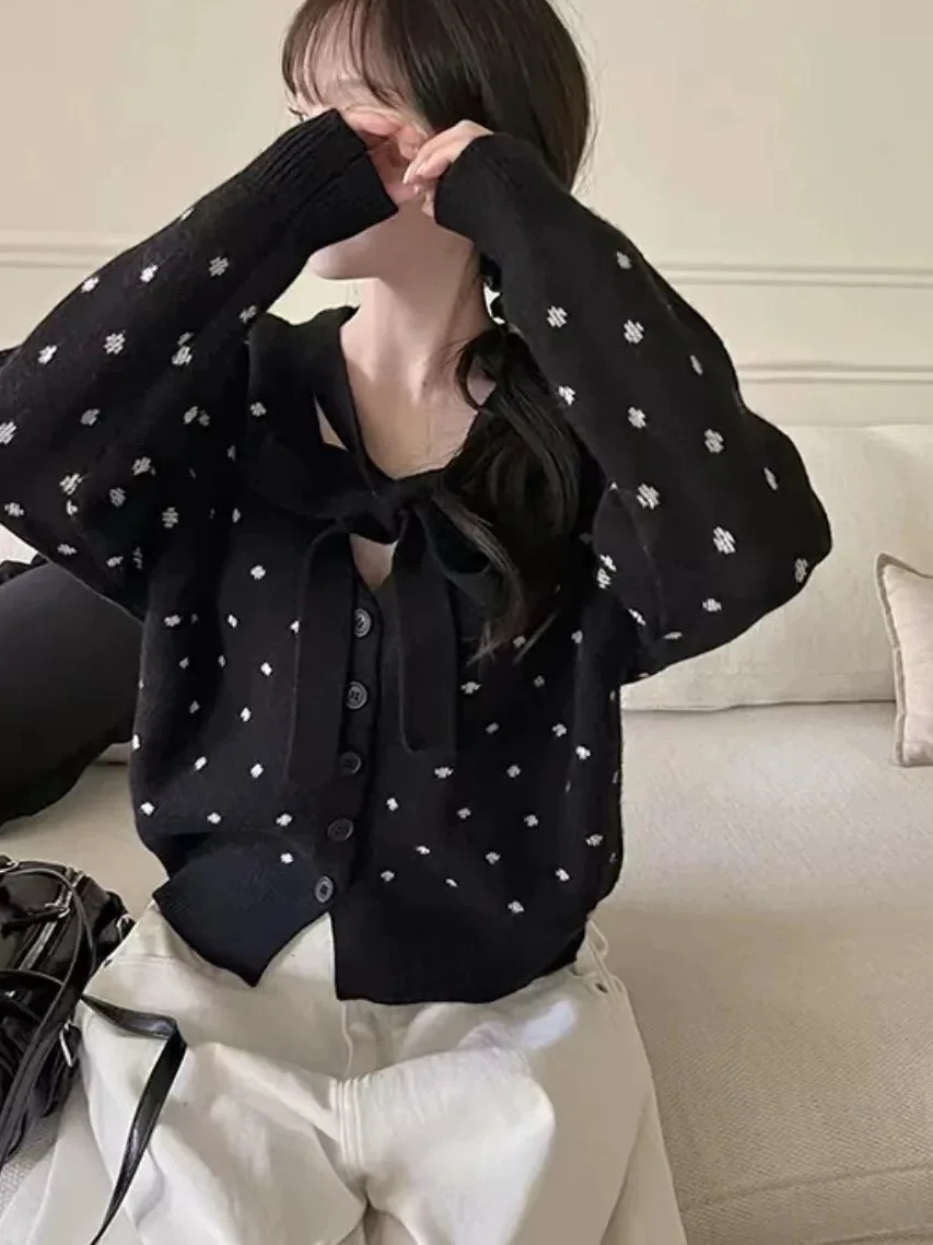 Gray Polka Dot Bow Tie Knitted Open Cardigan Women's Autumn Winter New Design Sensation Sweater Jacket Top College Style Regu...