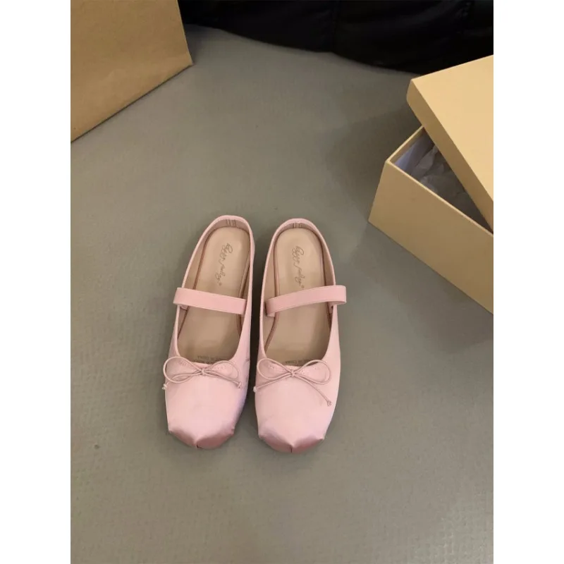 Luxury  Lace Tie Leg Satin Silk Ballet Flats Woman Square Toe Bowknot Elastic Band Ballerinas Ladies Wedding  Floral Shoes