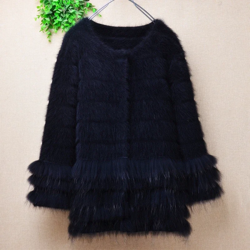 

Ladies Women Fall Winter Clothing Black Angora Rabbit Hair Knitted Three Quarter Sleeves Short Style Slim Cardigans Sweater Pull