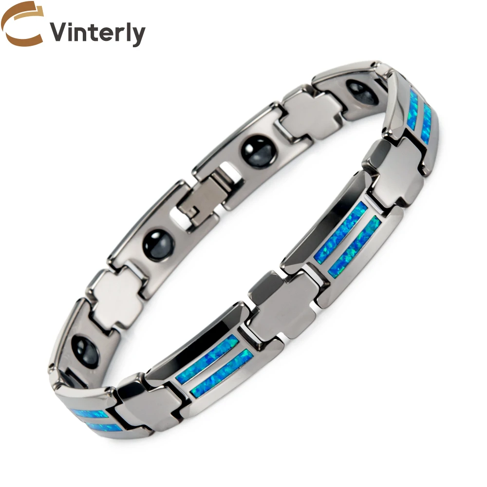 Vinterly Tungsten Carbide Bracelets Natural Opal 10mm Cross Magnetic Hematite Men Anti-scratch High Polished Chain Link Jewelry