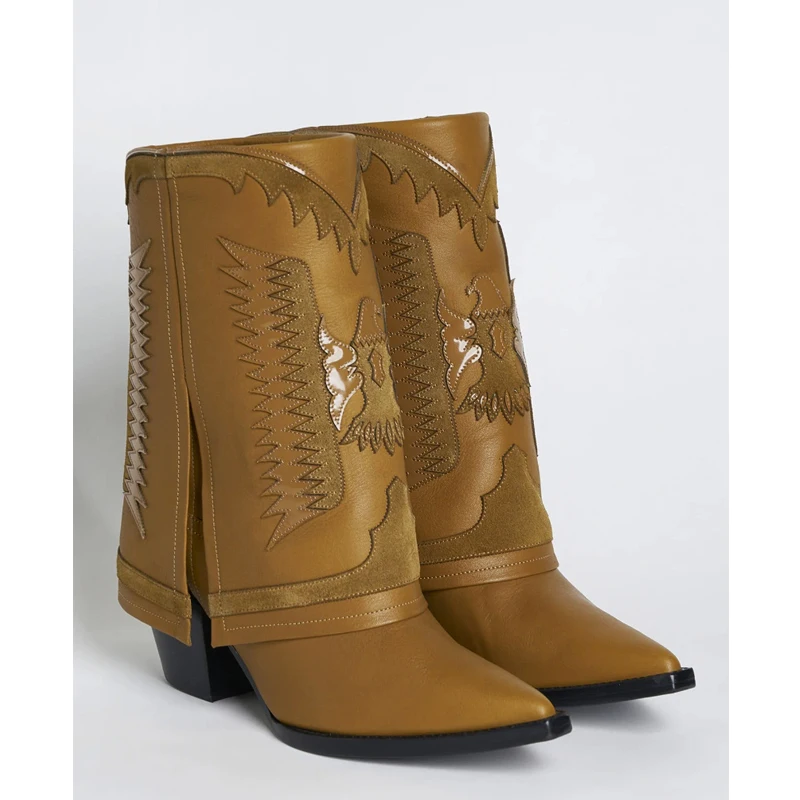 Color Matching Chunky Heels Ankle Trousers Boots Woman Winter 2026 Totem Pointed Toe Slip-On Western Boots Shoes for Women