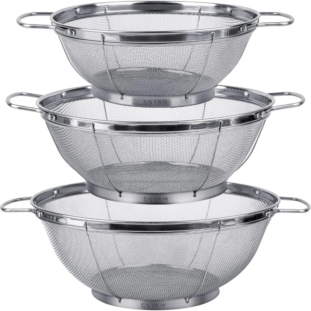

3 Pack 18/8 Stainless Steel Colander Sieves(5-Quart, 4-Quart and 3-Quart), Mesh Strainer Net Baskets with Handles & Resting Base