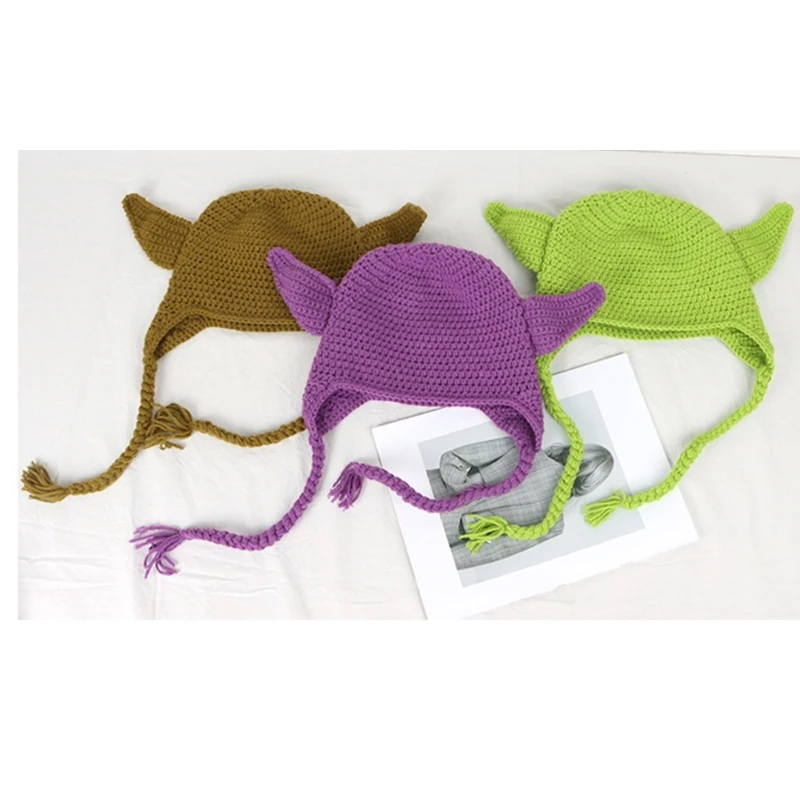 Girl Y2K-theme Party Hat Knitted Hat Balaclava-hat Thicken Fisherman Hat Ears Hat Dreamy Green Purple Color