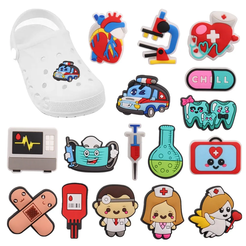 

Mix 50pcs PVC Blood Bag Tooth Band-Aid Ambulance Needle Mask Nurse Chill Heart Doctor Shoe Charms Fit Wristbands Decorations