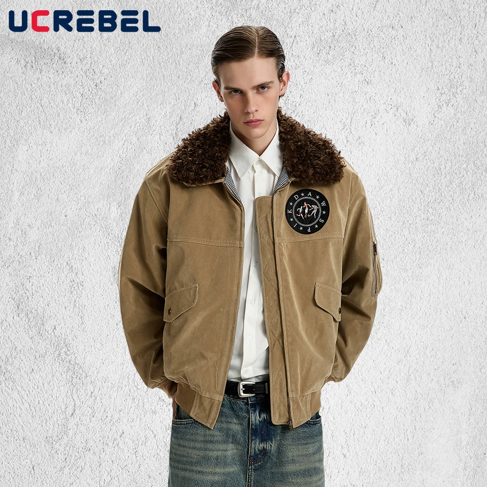 

Badge Embroidery Cargo Padded Jacket Mens Winter Retro High Street Fur Collar Long Sleeve Thick Quilted Jacket Man Outerwear