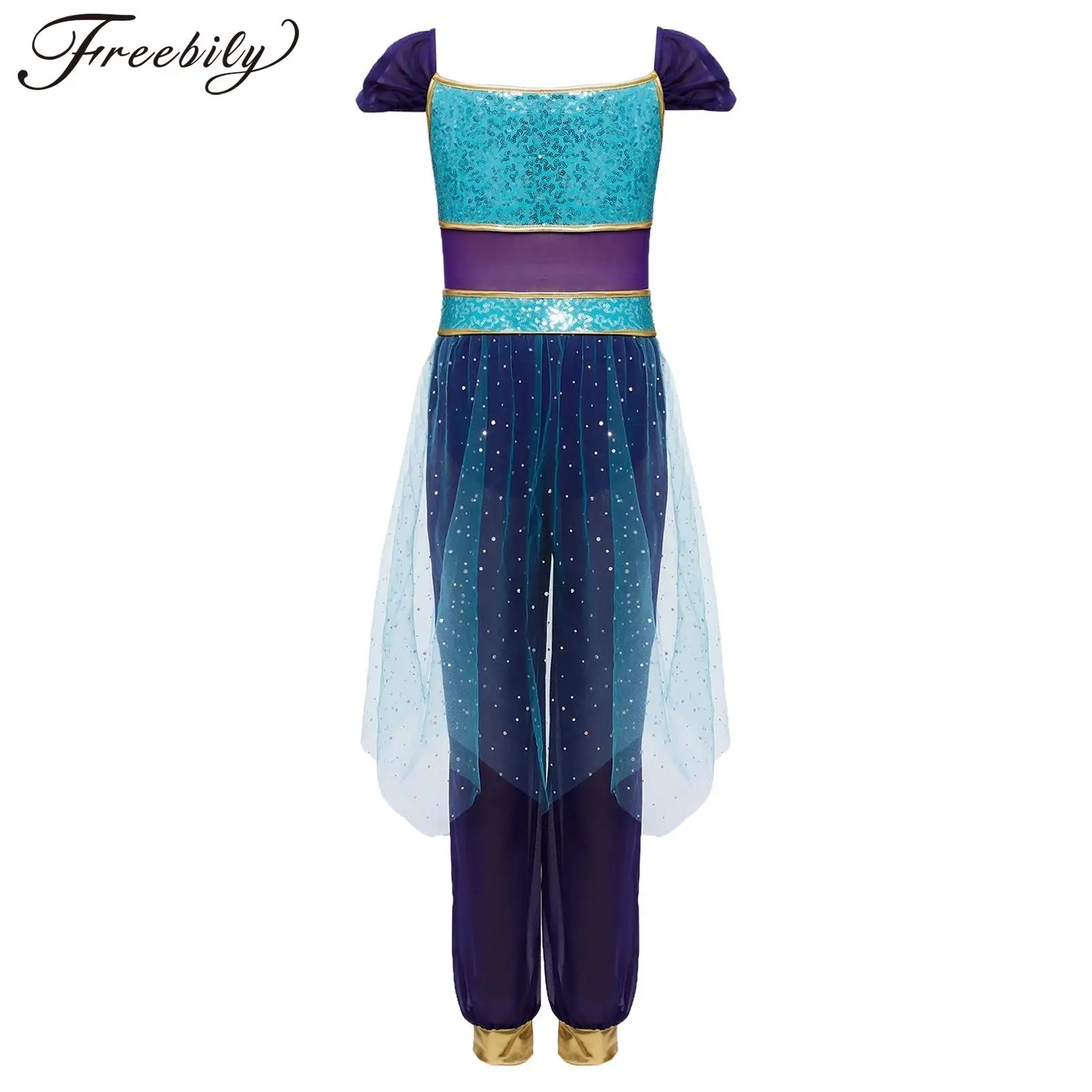 Traje de Danza del Vientre de Princesa Árabe para Niñas, Mono con Decoración de Pedrería en Contraste de Color, Tulle con Lentejuelas, Disfraz de Halloween