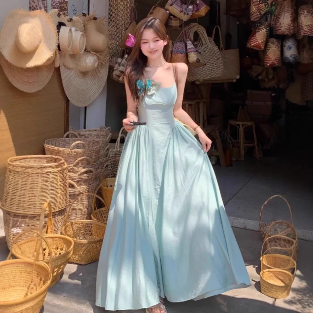 

Women's Light Blue Appliques Cami Maxi Dress Sleeveless High Waist Flowy A-Line Long Dress for Summer