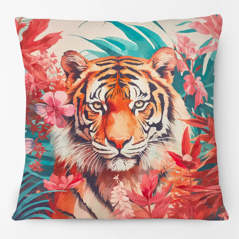 Tropical Jungle Parrot Birds Pink Tiger Animals Portrait Painting Cushion Cover Pillow Case