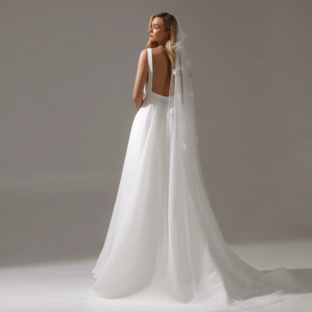 Свадебные платья с глубоким V-образным вырезом и бантами с открытой спиной Свадебные платья для взрослых Атласные вечерние платья без рукавов по индивидуальному заказу свадебное платье