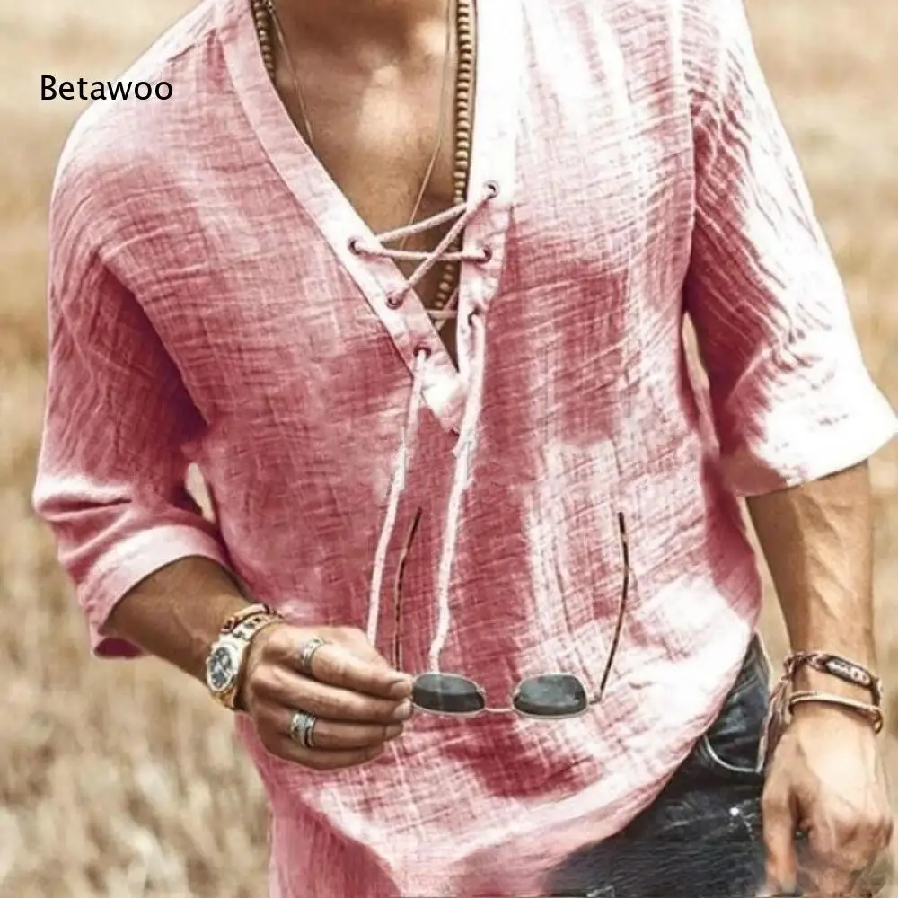 Men Solid Tone Three Quarter Sleeve Casual Top V Neck Lace Up Design Relaxed Fit For Holiday Vacation And Street Daily Outfits