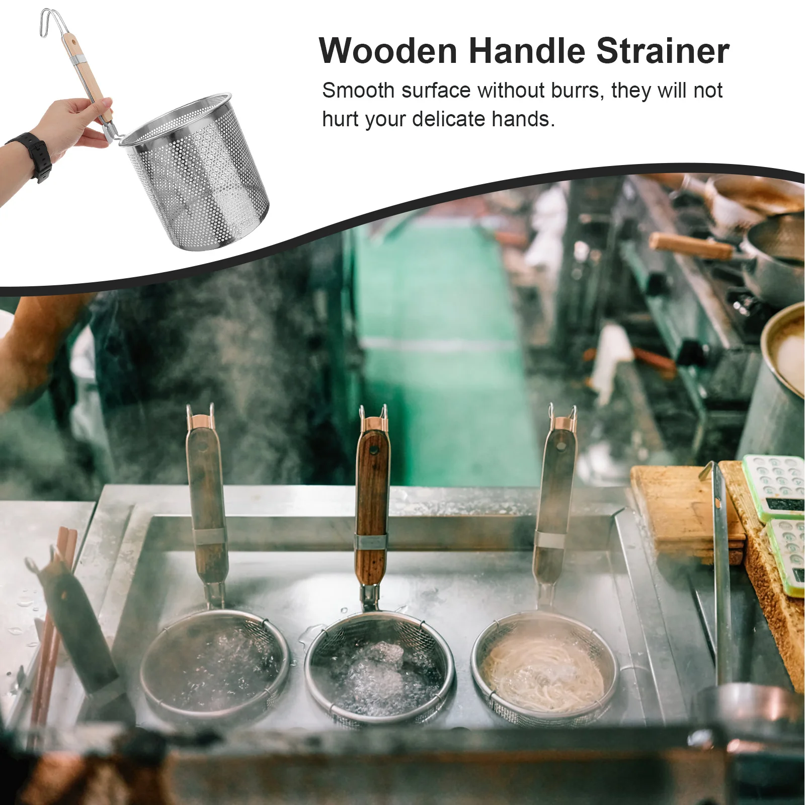 

1pc Stainless Steel Colander Wooden Handle Noodle Pasta Strainer Filter Kitchen Tool For Frying Hot Pot Dumplings Vegetables