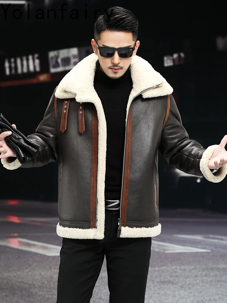 YOLANFAIRY Fashion Natural Fur Coat Man Genuine Sheepskin Leather Fur Jacket Men Warm Winter Lapel Real Wool Fur Coats Jackets