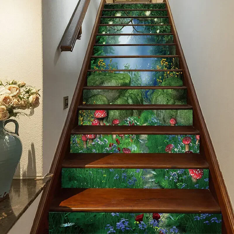 Red Mushroom Stair Stickers Green Wild Plant Staircase Murals Fantasy Forest Flowers Stair Risers Decals Home Decor Removable