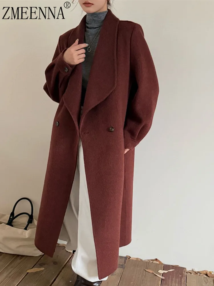 

ZMEENNA Womens Long Wool Blend Coat With Wide Lapel Double Breasted Warm Winter Outerwear Fit Elegant Burgundy ZM4413