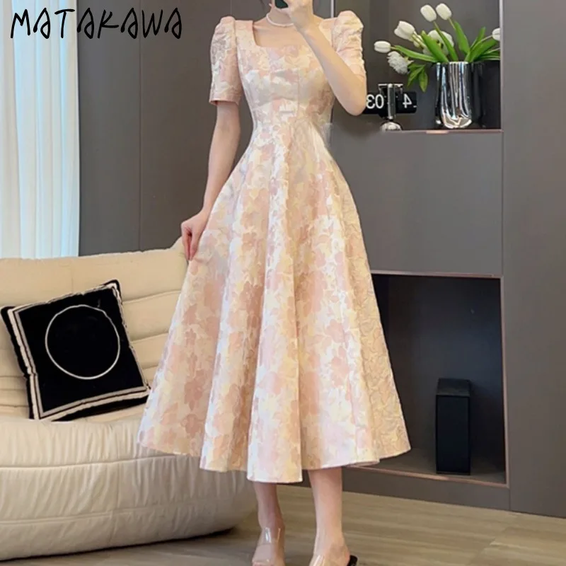 Matakawa Pink Floral Long Dresses Spring Summer Puff Sleeve Vintage French Style Vestidos Mujer Elegant Sweet Women Dress