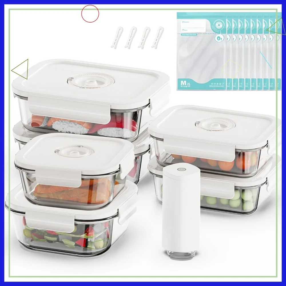 

Vacuum Seal Glass Food Storage Containers, 6pcs with 10pcs Sous Vide Bags and Automatic Pump for Fresh Meal Prep