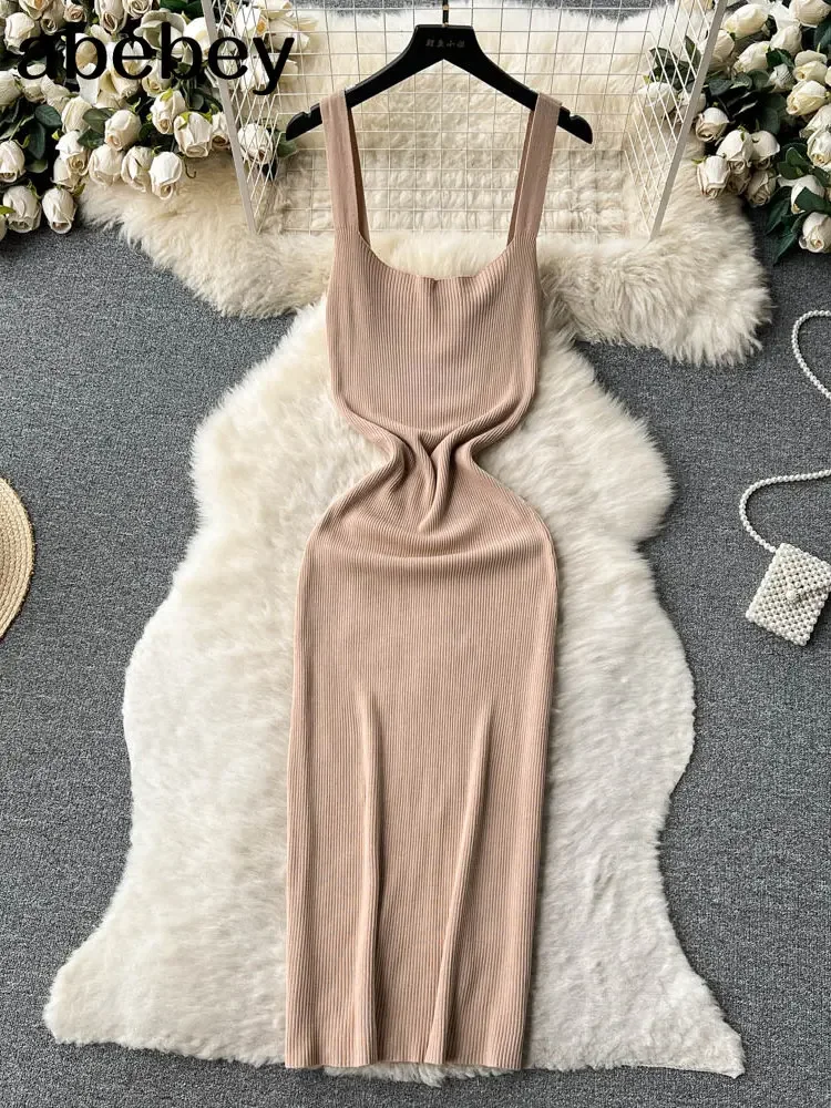 Summer Knit Sexy Strap Dress Women Tank Elatic Waist Bodycon Sundress Female Beach  Backless Maxi Long Dress