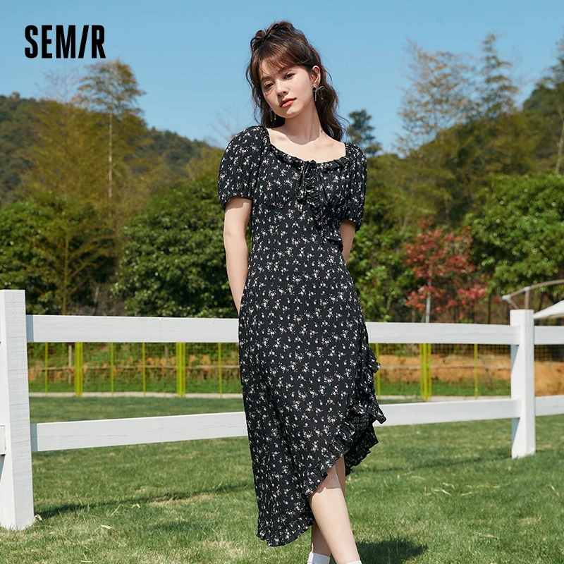 Semir Dress Women Square Neck Floral Dress Romantic 2024 Summer Women New Chiffon Dress High-End Exquisite Dresses