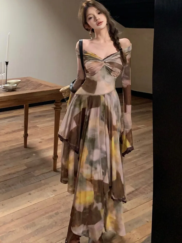 

Women Irregular Dresses Sexy Elastic Niche Design Slim Floral Long Sleeve Dress Elegant Holiday Beach Prom Female Clothes New