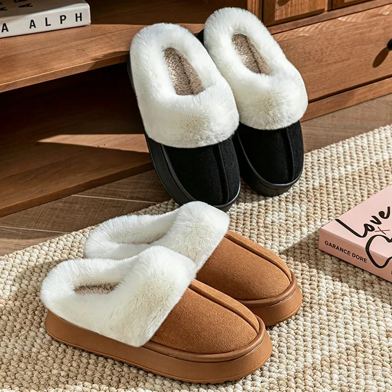 Chunky Platform Long Plush Warm Winter Slippers for Women 2026 Non Slip Flock Home Indoor Shoes Woman Slip On Cotton Mule Slides image 5