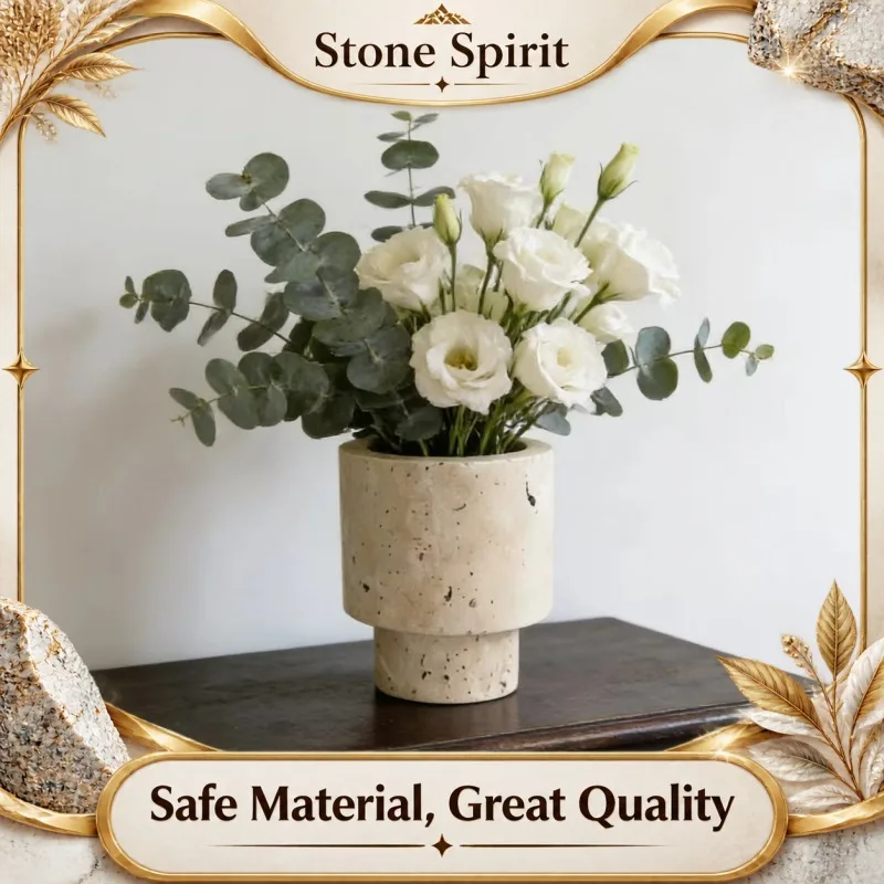 Natural Yellow Travertine Vase, Handmade Stone Flower Holder for Pampas Grass, Office Living Room Desktop Decoration,Unique Gift
