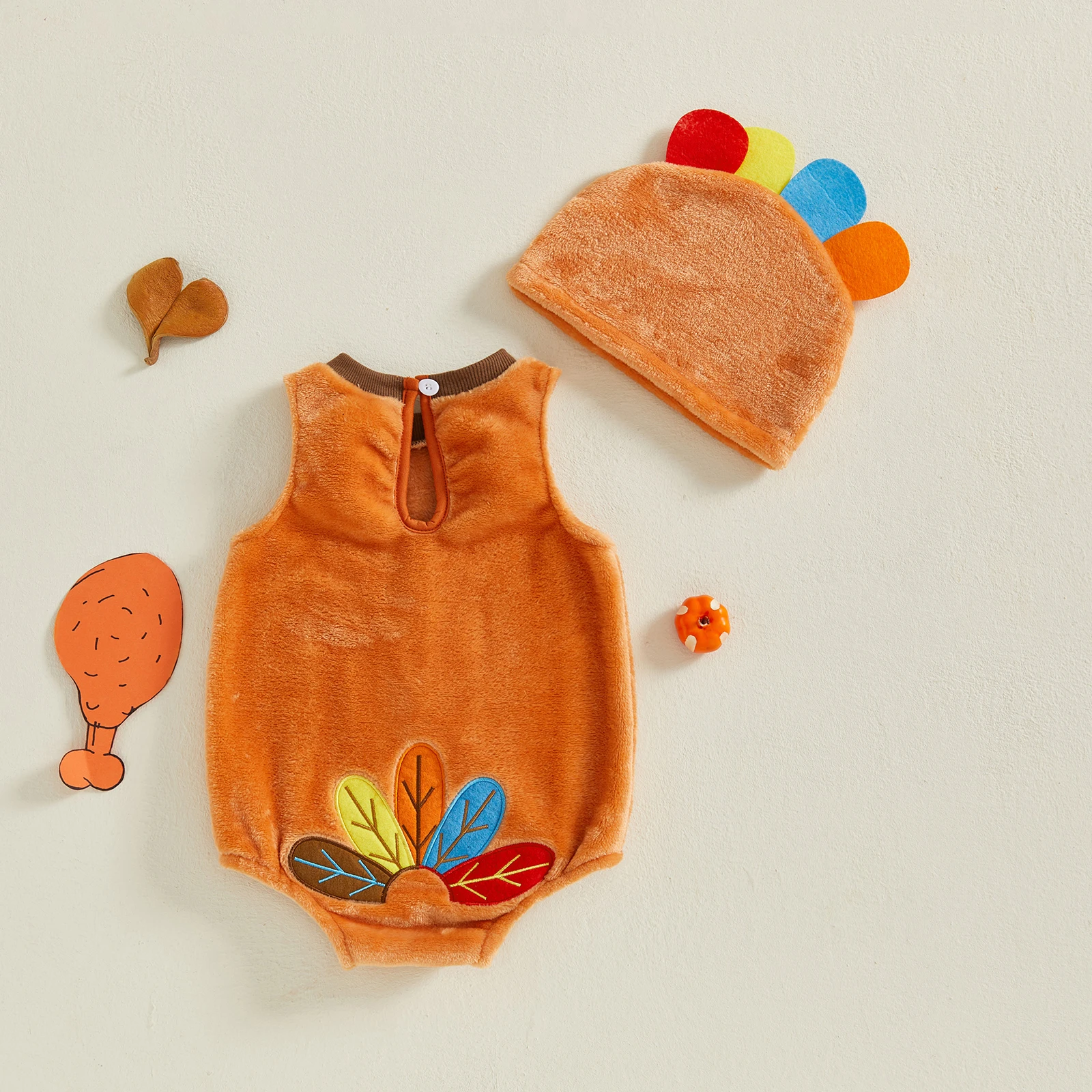 VISgogo Детский костюм Турции на День Благодарения, плюшевый комбинезон без рукавов с круглым вырезом и шляпой, комплект из 2 предметов