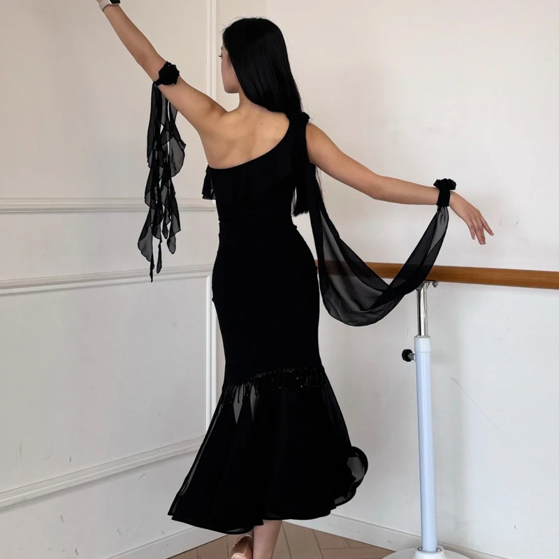 성인 볼룸 댄스 경연 대회 의상 여성 룸바 라틴 댄스 훈련 의류 리본 탑 모던 댄스 스커트 SL12646