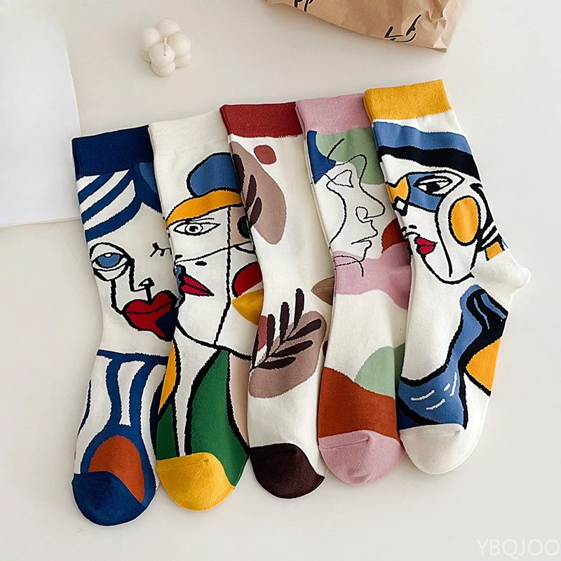 

5 Pairs Fashionable Oil Painting Art Printing Soft Comfortable Breathable Casual Socks Elegant Cartoon Women Tube Socks