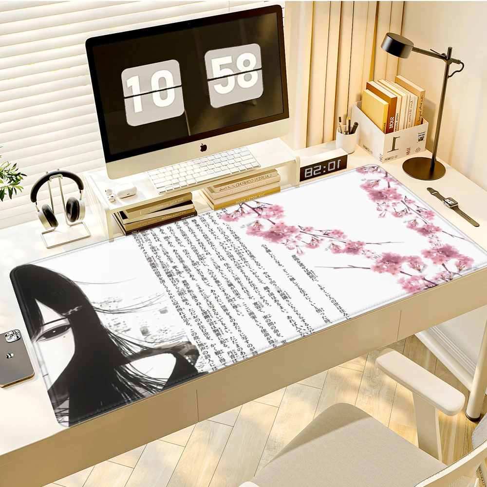 Anime-Mädchen-Kunsttext-Mauspad, große Gaming-Schreibtischunterlage XXL, Büro-Laptop-PC-Schreibtischunterlage, Tischdekor-Teppich, erweitertes Sakura-Mauspad