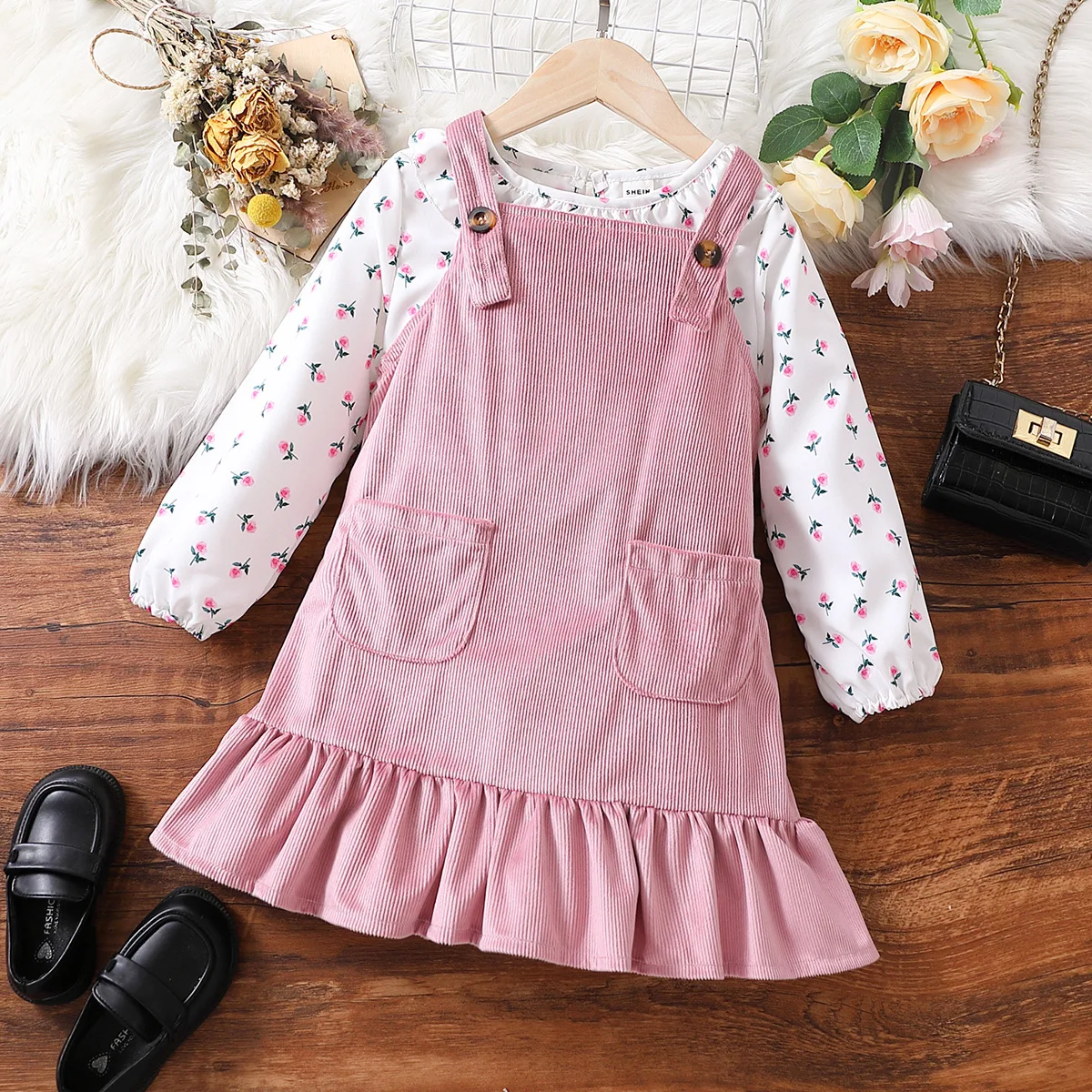 2023 Kids Clothes Girls New Autumn 2 Pieces Sets O-neck Base Shirt Suspender Dress Fresh Floral Printed Corrugated Edge Pockets